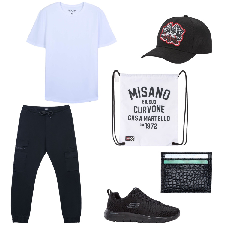 Outfit uomo - In viaggio con praticità. Stile Casual Abbinamento con sneakers, cappelli, borse sportive, t-shirt, pantaloni cargo, portafogli.