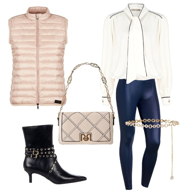 Outfit donna - Elegantemente Casual. Stile Casual chic per Tutti i giorni. Abbinamento con stivaletti, borse a tracolla, bluse, cinture, pantaloni skinny, piumini.