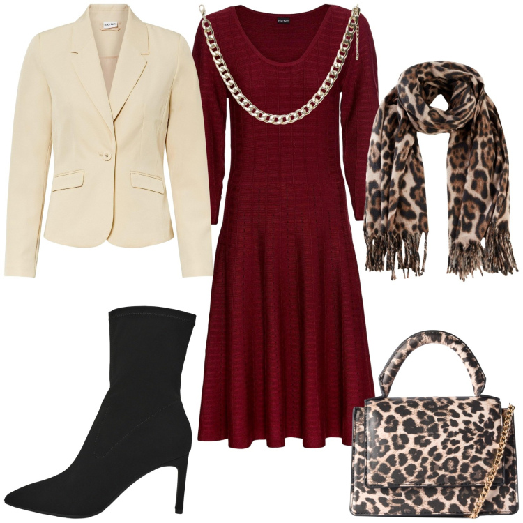 Outfit donna - Total look #2252382. Stile Chic per Serata fuori. Abbinamento con vestiti, blazer, foulard, borse a tracolla, stivali, collane.