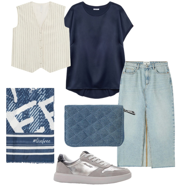 Outfit donna - In città. Stile Casual per Tutti i giorni. Abbinamento con sneakers, portafogli, gonne longuette, gilet, bluse, foulard.