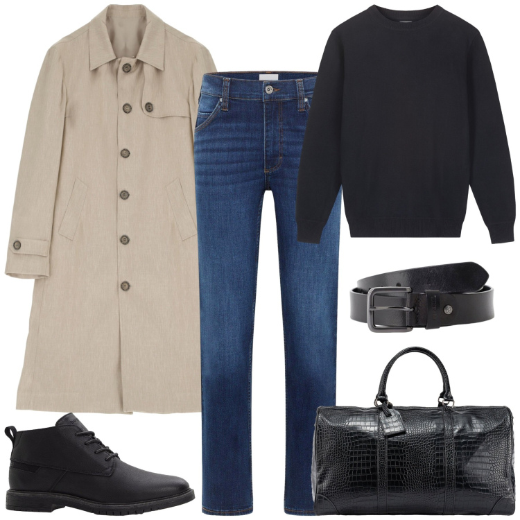 Outfit uomo - Weekend. Stile Urban per Tutti i giorni. Abbinamento con jeans dritti, stivali e stivaletti, trench, cinture, maglieria, borse sportive.