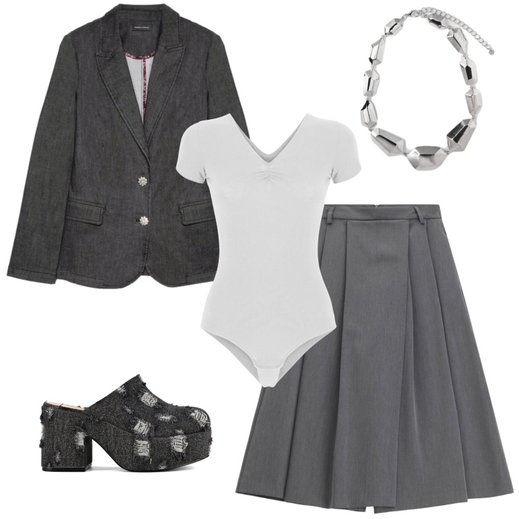 Outfit donna - Sfumature di fumo. Stile Casual chic per Tutti i giorni. Abbinamento con pantaloni, body, ciondoli, sabot, blazer.