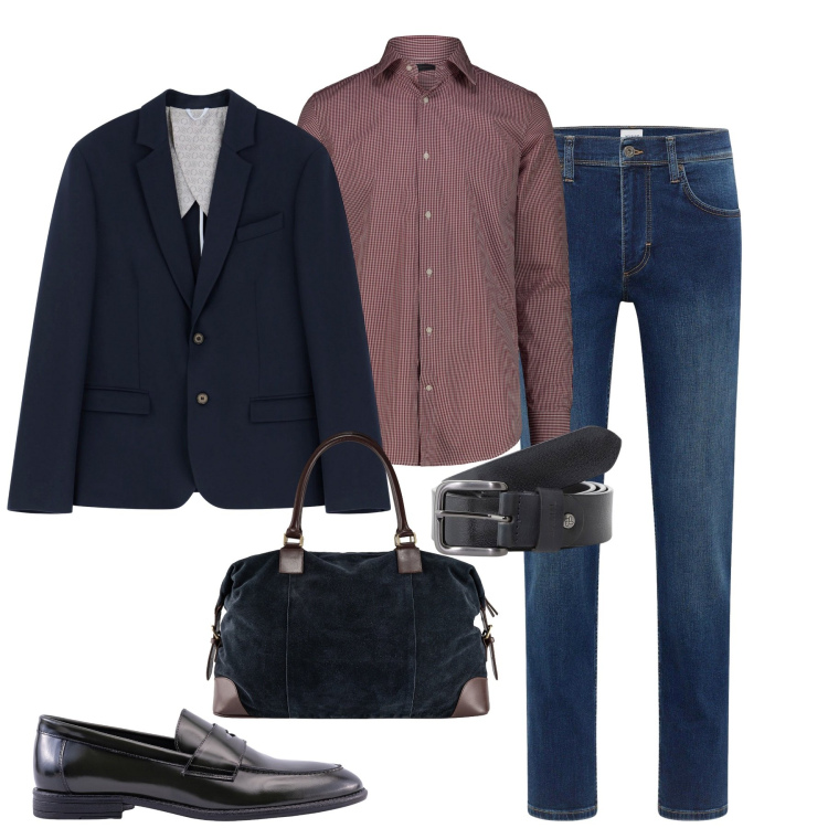 Outfit uomo - Weekend. Stile Urban per Tutti i giorni. Abbinamento con jeans dritti, giacche, cinture, scarpe stringate, camicie, borse sportive.