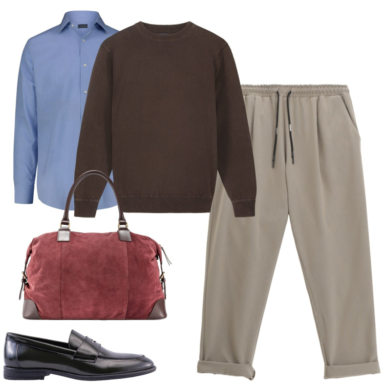 Outfit uomo - La borsa da viaggio. Stile Urban per Tutti i giorni. Abbinamento con pantaloni, scarpe stringate, maglieria, camicie, borse sportive.