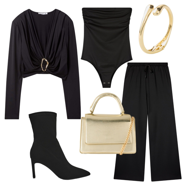 Outfit donna - Nero e oro per la sera. Stile Glamour per Tutti i giorni. Abbinamento con braccialetti, body, maglieria, borse a tracolla, pantaloni, stivali.