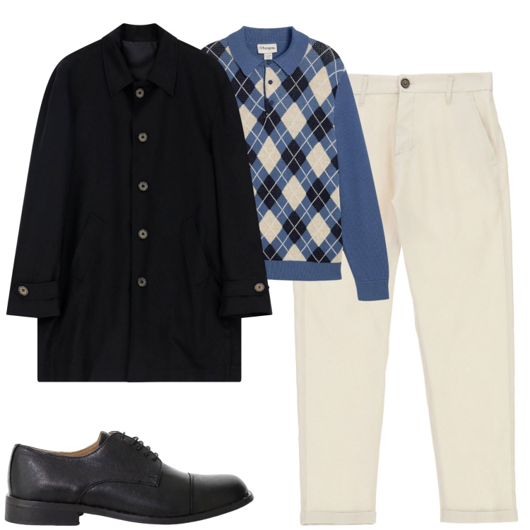Outfit uomo - City. Stile Urban per Tutti i giorni. Abbinamento con maglieria, scarpe stringate, pantaloni, trench.