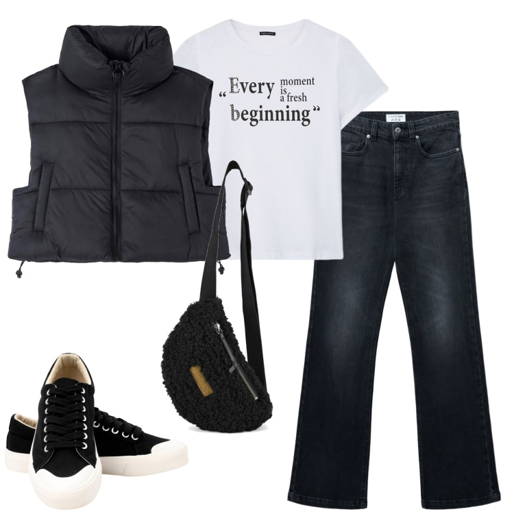 Outfit donna - City. Stile Casual per Tutti i giorni. Abbinamento con jeans bootcut, piumini, sneakers, marsupi, t-shirt.
