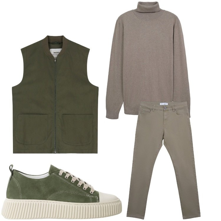 Outfit uomo - In vacanza. Stile Casual per Tutti i giorni. Abbinamento con pantaloni skinny, maglieria, sneakers, gilet.