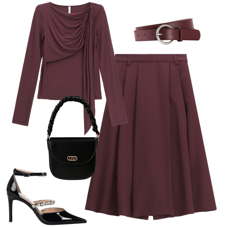 Outfit donna - Bordeaux Imperial. Stile Trendy per Serata fuori. Abbinamento con cinture, borse a mano, décolleté, bluse, pantaloni.