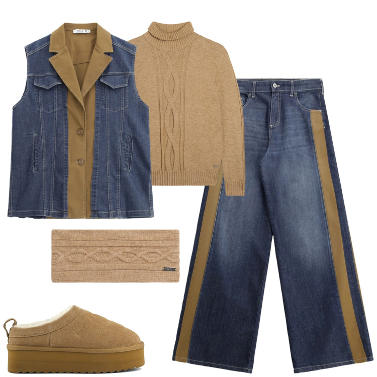 Outfit donna - Please. Stile Casual per Tutti i giorni. Abbinamento con jeans a zampa, gilet, accessori per capelli, maglieria, sabot.