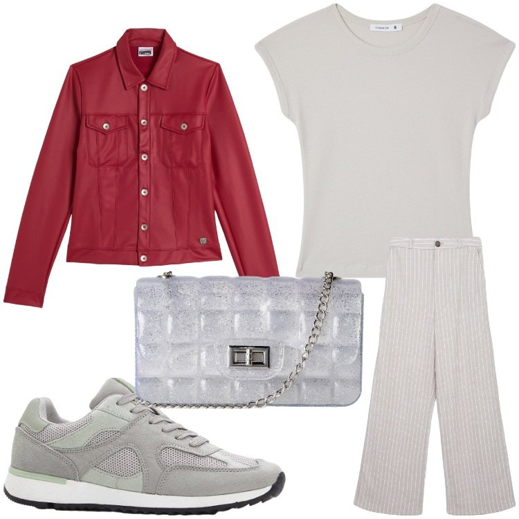 Outfit donna - Rosso in centro. Stile Casual per Tutti i giorni. Abbinamento con sneakers, t-shirt, borse a tracolla, pantaloni, giacche.