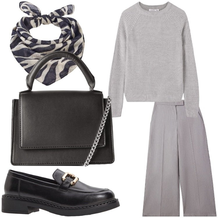 Outfit donna - Grigio per l´ufficio. Stile Chic per Ufficio. Abbinamento con foulard, mocassini, pantaloni a palazzo, borse a tracolla, maglieria.