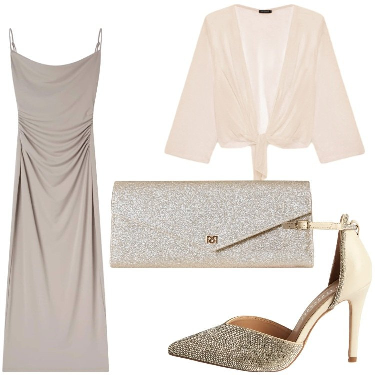 Outfit donna - Grigio e glitter. Stile Chic per Cerimonia. Abbinamento con vestiti lunghi, décolleté, pochette, bolero.