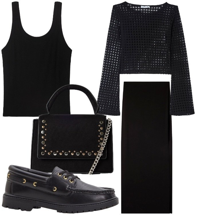 Outfit donna - Nero black. Stile Chic per Serata fuori. Abbinamento con mocassini, maglieria, borse a tracolla, gonne lunghe, canottiere.