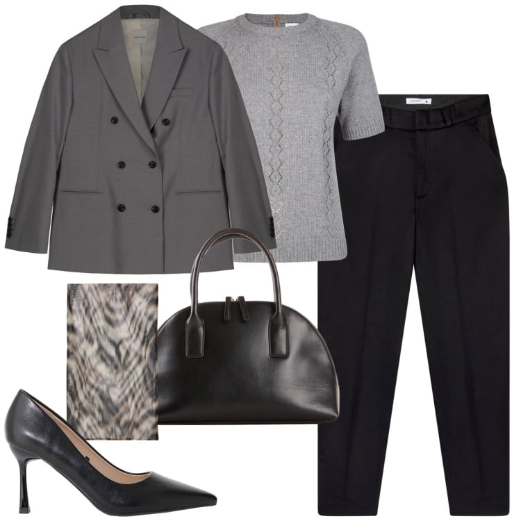 Outfit donna - In ufficio. Stile Bon Ton per Ufficio. Abbinamento con shopping bag, pantaloni chino, décolleté, blazer, maglieria, foulard.