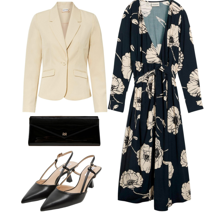 Outfit donna - Elegante. Stile Bon Ton per Cerimonia. Abbinamento con vestiti lunghi, blazer, sabot, pochette.