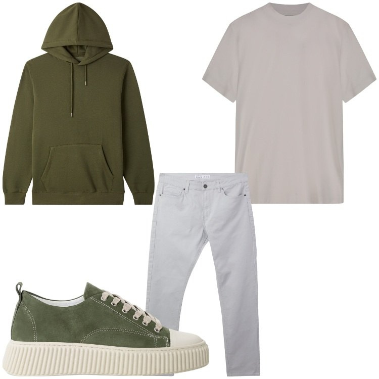 Outfit uomo - Una felpa e via. Stile Casual per Tutti i giorni. Abbinamento con felpe con cappuccio, pantaloni skinny, sneakers, t-shirt.