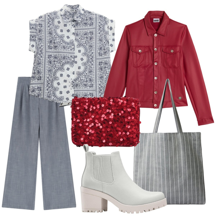 Outfit donna - Grigio & Rosso. Stile Casual chic per Scuola/Università. Abbinamento con stivaletti chelsea, shopping bag, portafogli, pantaloni, camicie a manica corta, giacche.