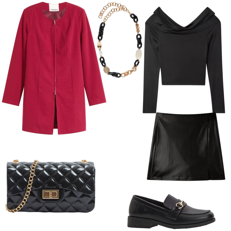 Outfit donna - Glamour. Stile Trendy per Tutti i giorni. Abbinamento con mocassini, blazer, minigonne, t-shirt, borse a tracolla, collane.