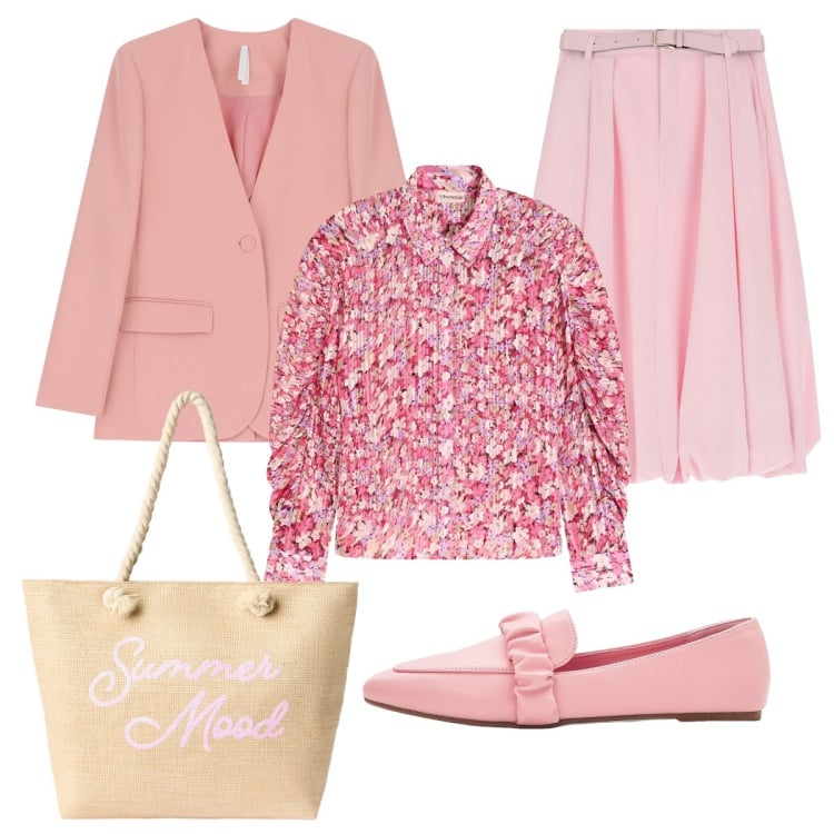Outfit donna - Gonna & mocassini. Stile Romantica per Ufficio. Abbinamento con mocassini, camicie, borse tote, gonne longuette, blazer.