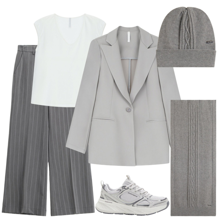Outfit donna - Primi freddi. Stile Casual chic per Tutti i giorni. Abbinamento con sneakers, blazer, top, pantaloni a palazzo, sciarpe, cappelli.