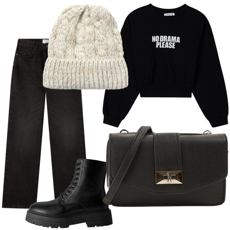Outfit donna - No drama, but a hat and Terranova. Stile Casual per Tutti i giorni. Abbinamento con felpe, borse a tracolla, anfibi, jeans dritti, berretti.