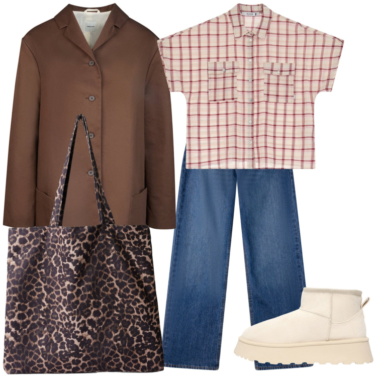 Outfit donna - La camicia ancora estiva. Stile Trendy per Tutti i giorni. Abbinamento con shopping bag, jeans, stivaletti, camicie a manica corta, trench.