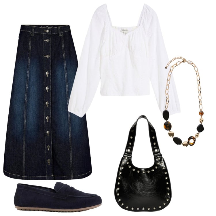 Outfit donna - Gonna e mocassini per settembre. Stile Vintage retrò per Tutti i giorni. Abbinamento con gonne longuette, mocassini, bluse, borse a spalla, collane.