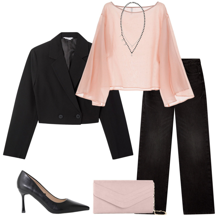 Outfit donna - Serata fuori. Stile Chic per Serata fuori. Abbinamento con pochette, blazer, jeans dritti, bluse, décolleté, collane.