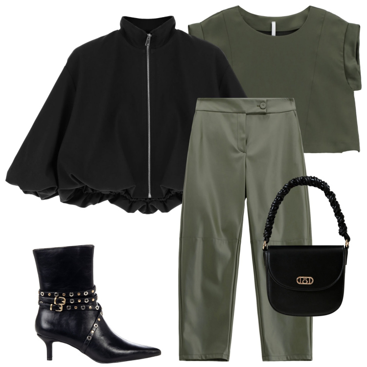Outfit donna - Autunno 2025. Stile Casual chic per Serata fuori. Abbinamento con stivaletti, borse a mano, bomber, pantaloni, bluse.