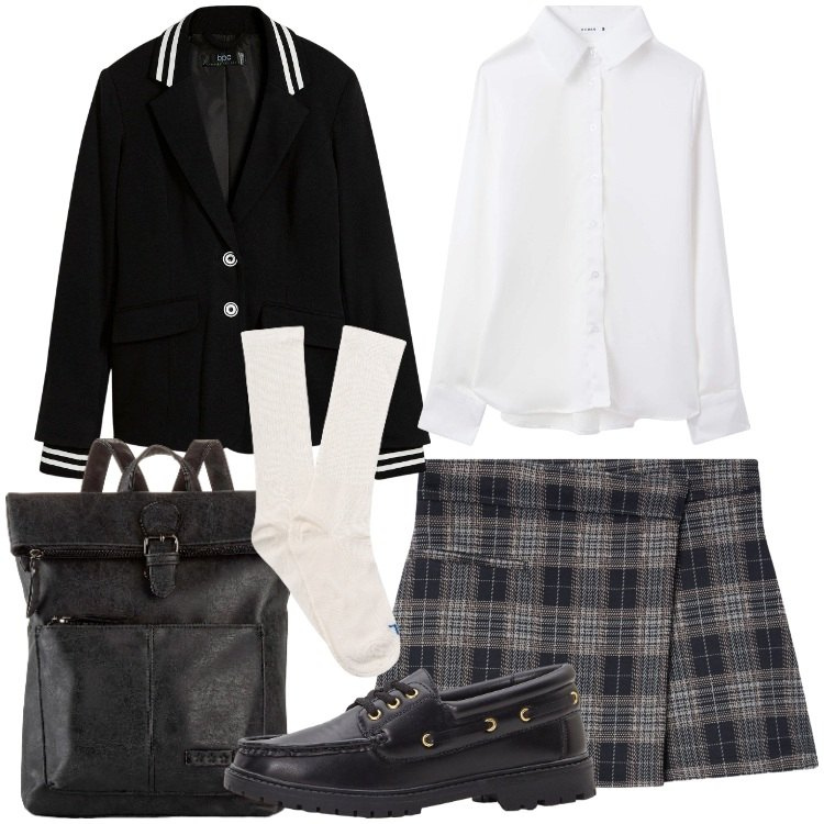 Outfit donna - Gonna e mocassini per settembre. Stile Preppy per Scuola/Università. Abbinamento con blazer, zaini, mocassini, minigonne, camicie, calzini.