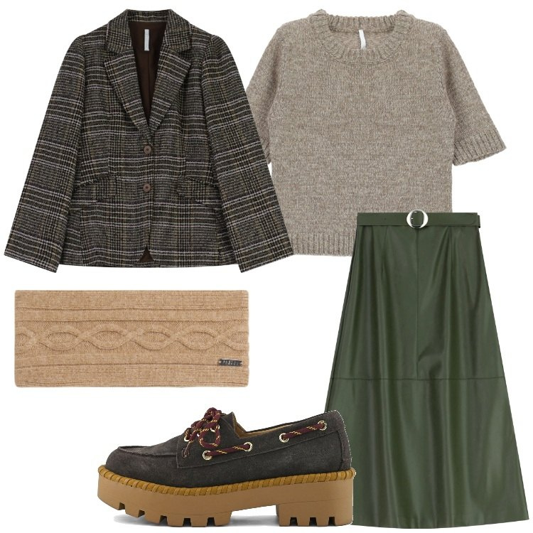 Outfit donna - Gonna e mocassini per settembre. Stile Trendy per Tutti i giorni. Abbinamento con blazer, maglieria, gonne lunghe, accessori per capelli, mocassini.