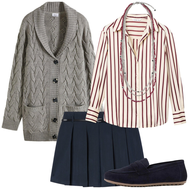 Outfit donna - Gonna e mocassini. Stile Glamour per Tutti i giorni. Abbinamento con mocassini, cardigans, minigonne, camicie, collane.