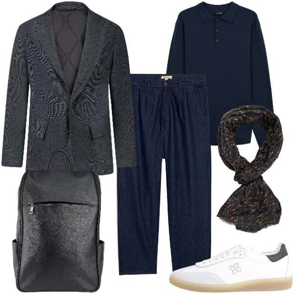 Outfit uomo - Look da Viaggio Comodo e Ordinato. Stile Casual per Tutti i giorni. Abbinamento con jeans dritti, polo, sneakers, giacche, borse sportive, sciarpe.