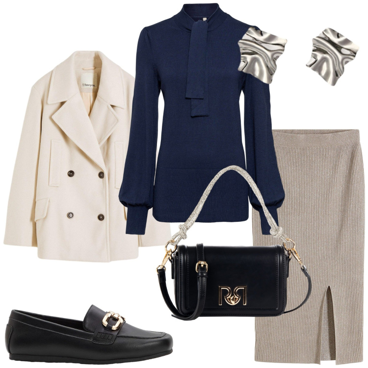 Outfit donna - Gonna e mocassini per settembre. Stile Glamour per Ufficio. Abbinamento con maglieria, caban, gonne, mocassini, borse a mano, orecchini.