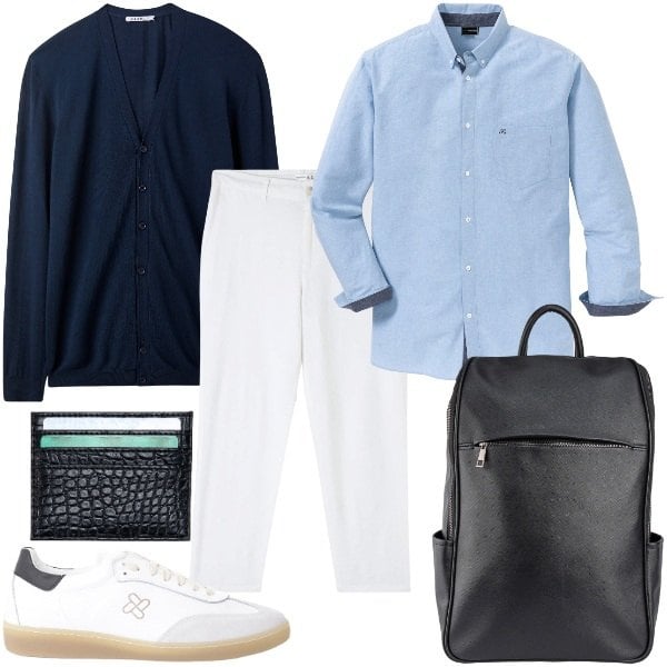 Outfit uomo - Eleganza Funzionale: Look da Viaggio. Stile Casual per Tutti i giorni. Abbinamento con camicie, pantaloni, cardigans, sneakers, borse sportive, portafogli.