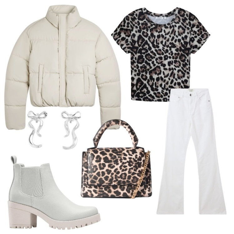 Outfit donna - Outfit glamour. Stile Glamour per Tutti i giorni. Abbinamento con stivaletti chelsea, jeans a zampa, orecchini, t-shirt, borse a tracolla, bomber.