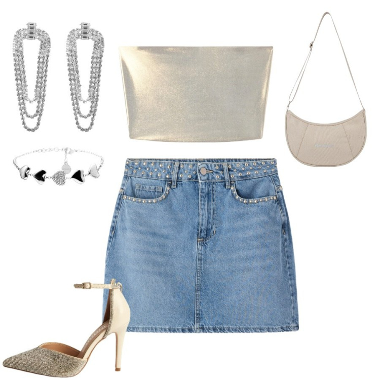 Outfit donna - Uscite eleganti. Stile Trendy per Serata fuori. Abbinamento con top, orecchini, décolleté, minigonne, borse a spalla, braccialetti.