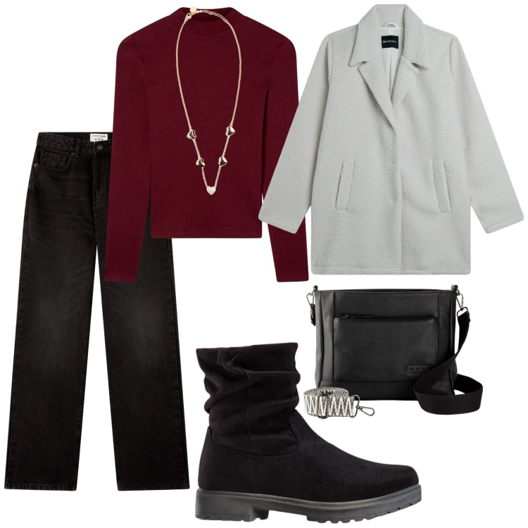 Outfit donna - Per tutti i giorni. per Tutti i giorni. Abbinamento con stivaletti, borse a tracolla, t-shirt, jeans dritti, cappotti, collane.