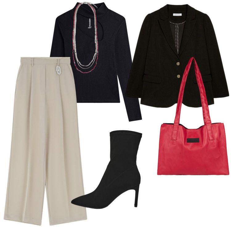 Outfit donna - Un tè per tre. per Tutti i giorni. Abbinamento con stivali, pantaloni, maglieria, shopping bag, blazer, collane.