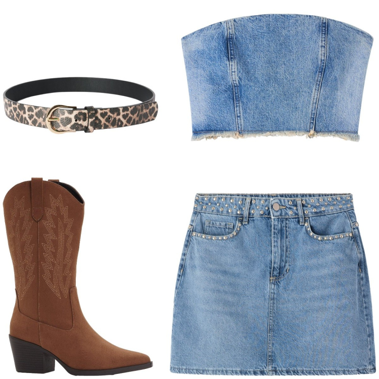 Outfit donna - In stalla. Stile Basic per Tutti i giorni. Abbinamento con stivali, top, cinture, minigonne.