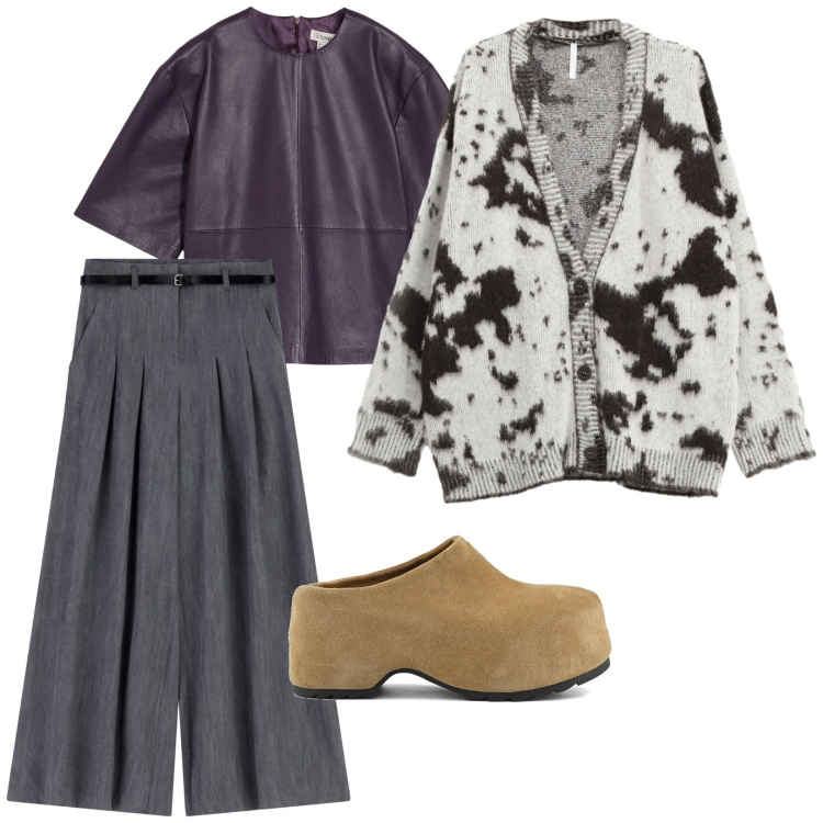 Outfit donna - Pausa pranzo. per Ufficio. Abbinamento con tuniche, cardigans, pantaloni a palazzo, zoccoli.