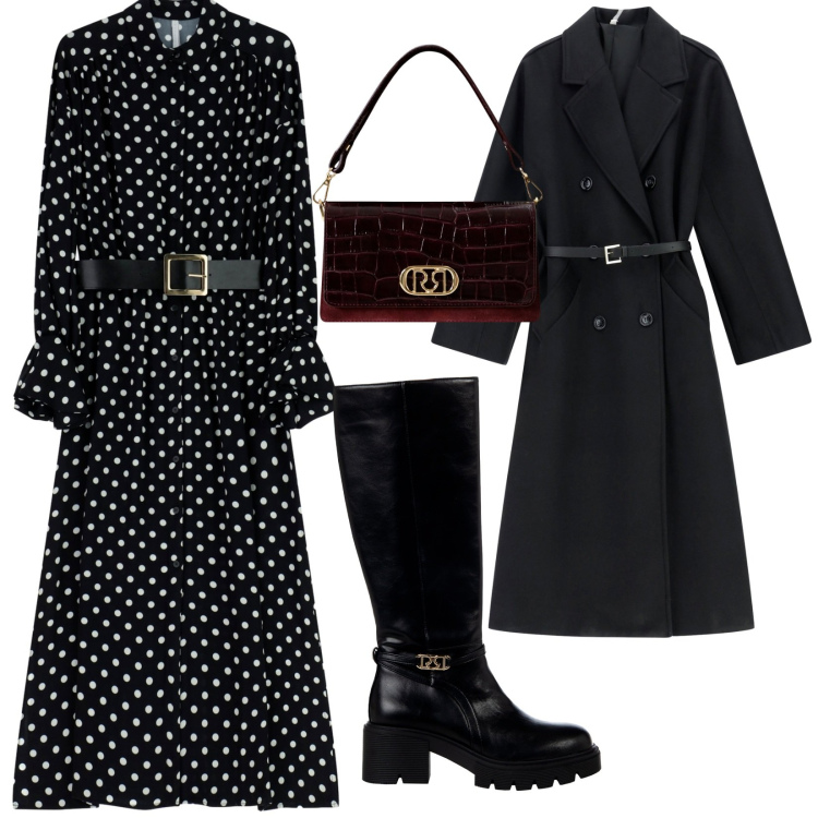 Outfit donna - A cena fuori. per Serata fuori. Abbinamento con stivali sopra il ginocchio, borse a mano, cappotti, vestiti midi/longuette.