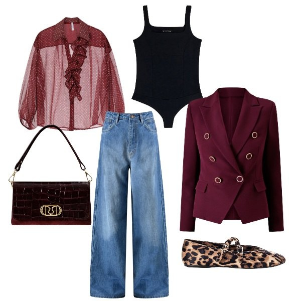 Outfit donna - In città in autunno_07. Stile Trendy per Serata fuori. Abbinamento con ballerine, blazer, jeans, borse a mano, camicie, body.