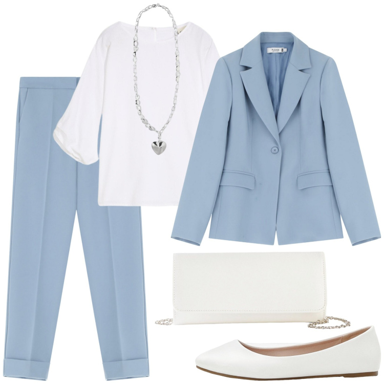 Outfit donna - Total look #2252464. Stile Chic per Cerimonia. Abbinamento con bluse, ballerine, pochette, pantaloni, blazer, collane.