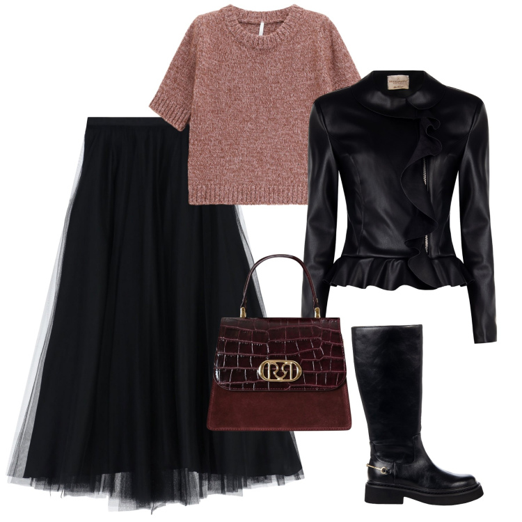 Outfit donna - La gonna di tulle in città. Stile Casual chic per Tutti i giorni. Abbinamento con blazer, borse a mano, stivali sopra il ginocchio, maglieria, gonne lunghe.