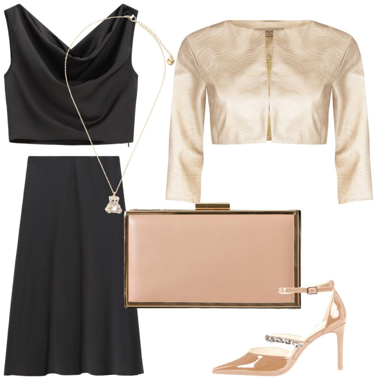 Outfit donna - Serata dedicata. Stile Bon Ton per Serata fuori. Abbinamento con bolero, pochette, décolleté, top, gonne longuette, ciondoli.