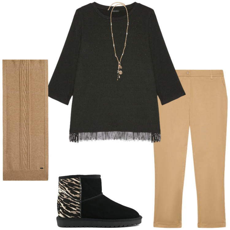 Outfit donna - Mezza stagione. Stile Basic per Ufficio. Abbinamento con sciarpe, bluse, ciondoli, pantaloni chino, stivali.