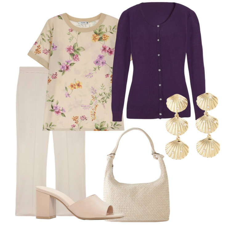 Outfit donna - Viola. Stile Basic per Ufficio. Abbinamento con shopping bag, sandali col tacco, cardigans, orecchini, t-shirt, pantaloni.