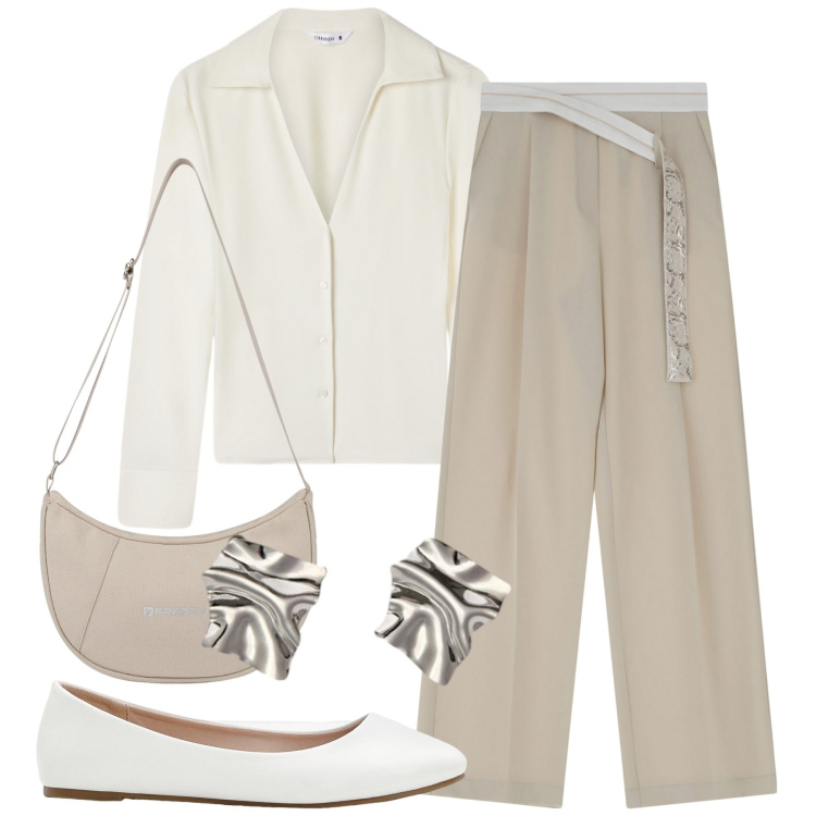 Outfit donna - Domenica a piedi. Stile Bon Ton per Tutti i giorni. Abbinamento con ballerine, camicie, pantaloni, borse a spalla, orecchini.
